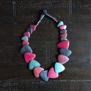 Vintage Painted Wood Necklace Layered Geometric Statement Chunky 27" Long